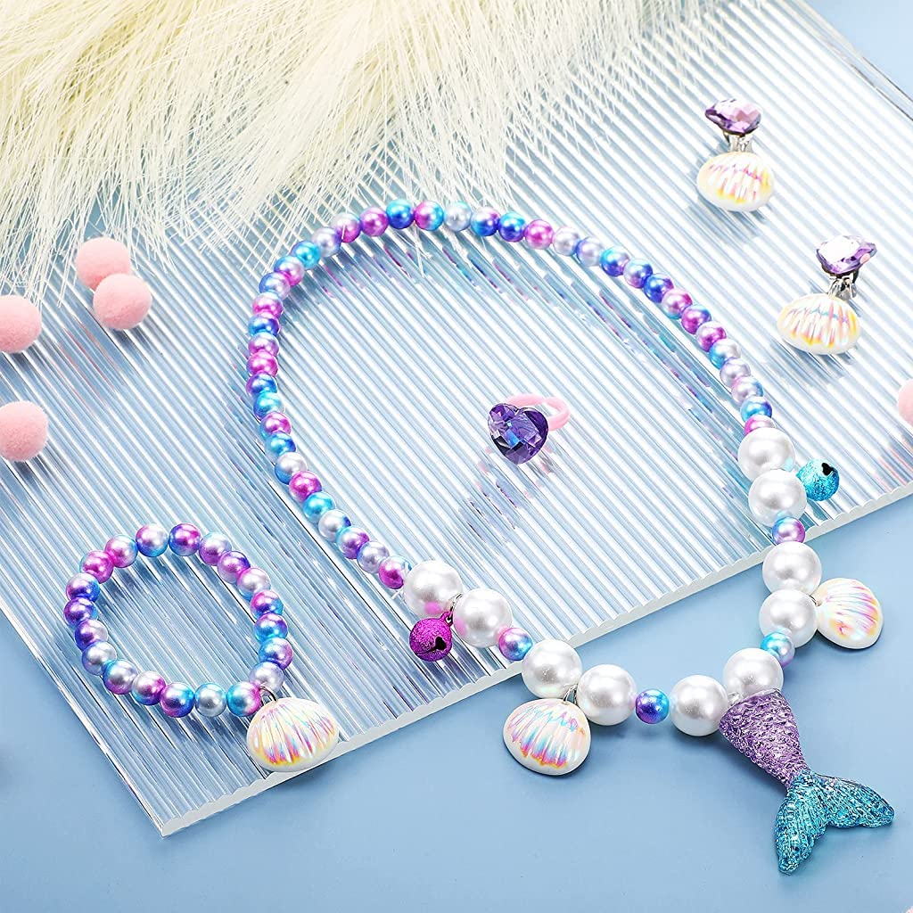 SANNIDHI Set Of 5 Mermaid Necklace Bracelet For Girls Jewelry Kit Pearl Beads Necklace Bracelet Seashell Earrings Ring Combo Set For Party Costume Jewelry Supplies For Toddler Kids Gift SANNIDHI Set Of 5 Mermaid Necklace Bracelet For Girls Jewelry Kit Pearl Beads Necklace Bracelet Seashell Earrings Ring Combo Set For Party Costume Jewelry Supplies For Toddler Kids Gift